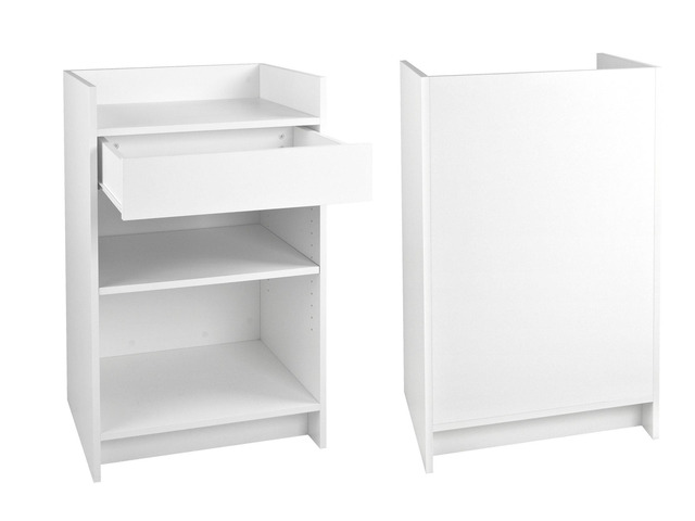 Wood Cash Register Stand, Adjustable Shelf, Drawer, 24' W X 38' H X 18' D (White Melamine)