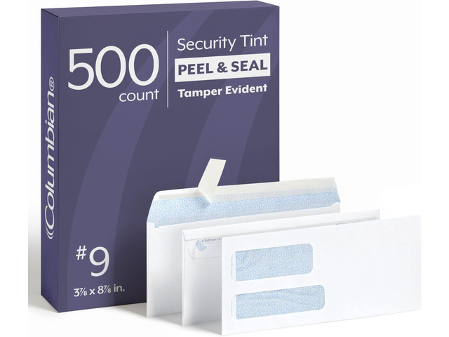 #9 Security Envelopes, 500/Box, Double Window, 3-7/8' x 8-7/8', Release & Seal Self Seal, SimplySafe Tamper Evident, White (COLO183) (Pack of 5)