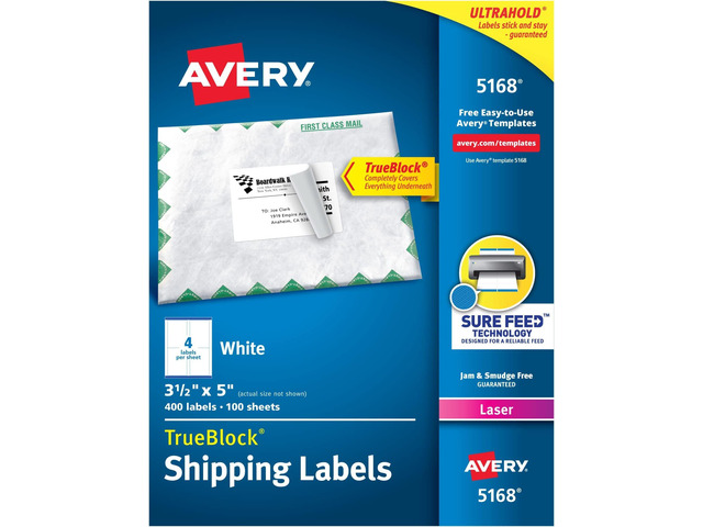 Printable Shipping Labels with Sure Feed, 3-1/2' x 5', White, 400 Blank Mailing Labels for Laser Printers (5168) (Pack of 5)