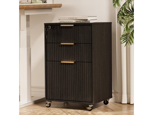 3 Drawers Fluted Mobile File Cabinet with Lock, Rolling File Cabinet Printer Stand Table, Under Desk Wooden Filing Cabinets for Home Office...