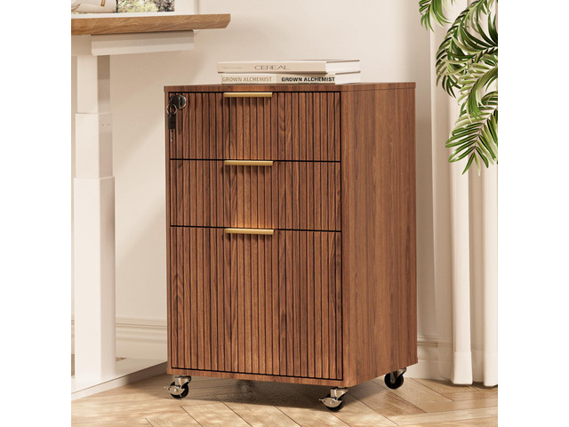 3 Drawers Fluted Mobile File Cabinet with Lock, Rolling File Cabinet Printer Stand Table, Under Desk Wooden Filing Cabinets for Home Office...
