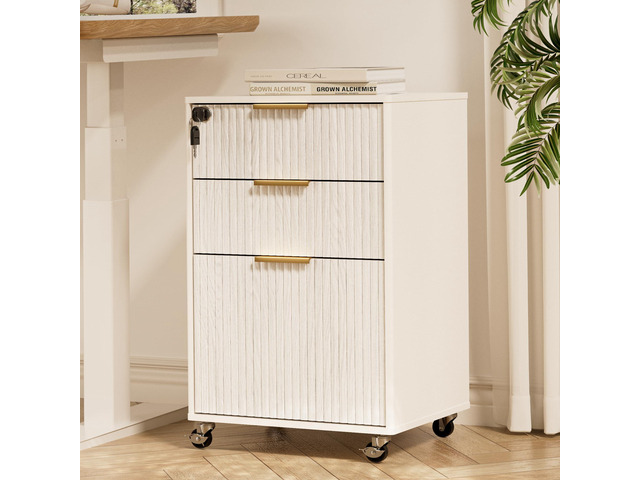 3 Drawers Fluted Mobile File Cabinet with Lock, Rolling File Cabinet Printer Stand Table, Under Desk Wooden Filing Cabinets for Home Office...