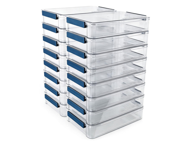 16-Pack 9x13 Shallow Flat Clear Plastic Storage Boxes 5.5Qt stackable cases with lids, snap-tight latch container for paper, A4 files, documents,...