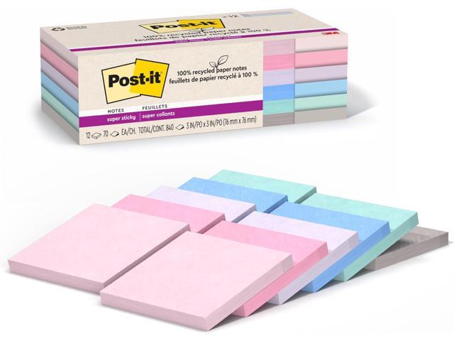 100% Recycled Paper Super Sticky Notes, 3 in. x 3 in., 12 Pads, 70 Sheets per Pad, Wanderlust Pastels, School Supplies and Office Products (Pack of.