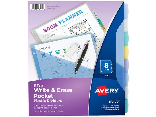 Write & Erase Pocket Plastic Dividers for 3 Ring Binders, 8-Tab Sets, Multicolor, Tabs Viewable Beyond Sheet Protectors, 24 Sets (16177)