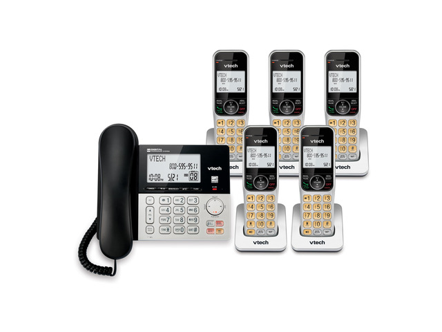 VG208-5 DECT 6.0 5-Handset Corded/Cordless Phone System Answering Machine, Call Blocking, Caller ID, Large Backlit Display, Silver/Black