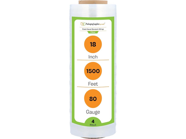 PSBM 4 Rolls 18 Inch x 1500 Feet 80 Gauge Bio-Degradable Stretch Film/Wrap, Heavy Duty Industrial Strength Clear Shrink/Plastic Wrap for Moving,...