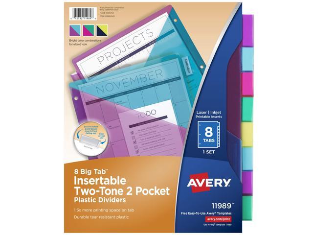 Big Tab Insertable Plastic 2 Pocket Dividers for 3 Ring Binders, 8 Tab Set, Bright Two-Tone Multicolor, Works with Sheet Protectors, 1 Set (11989),.
