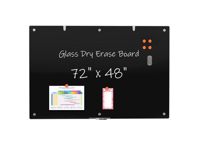 Large Black Glass Dry Erase Board, 72 x 48 Inches Magnetic Glass whiteboard,6' x 4' Frameless Blackboard for Office,Home,School