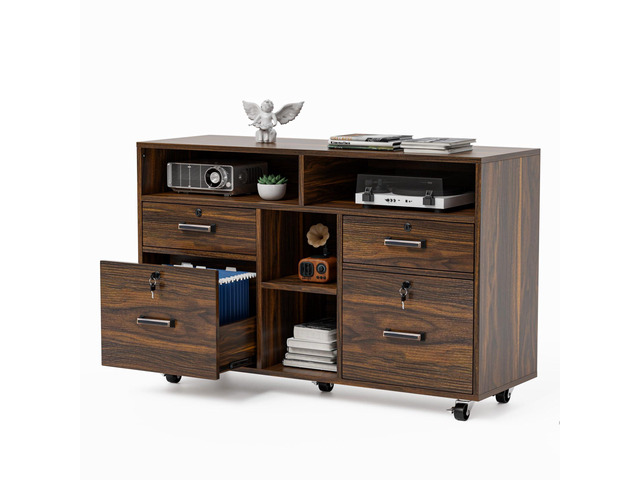 Dark Brown Wood Lateral File Cabinet with Lock, 4 Drawer & 4 Open Shelves, Rolling File Cabinet for Home Office, Letter Sized