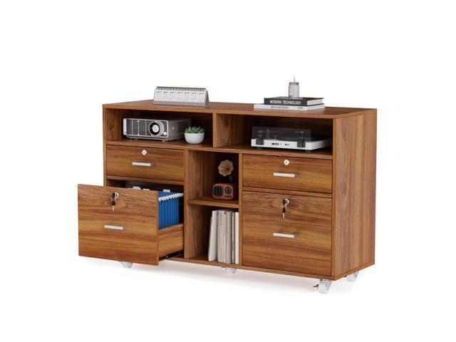 Wide 4 Drawer Lockable Rolling File Cabinet with Open Shelves - Walnut Wood Lateral File Cabinet Printer Stand for Home Office, Letter Sized
