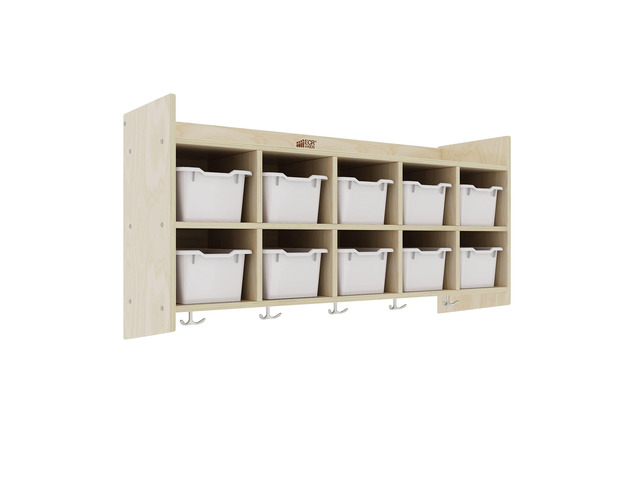 10-Section Hanging Coat Locker with Shelf and 10 Scoop Front Bins, Cubby Storage, Light Grey