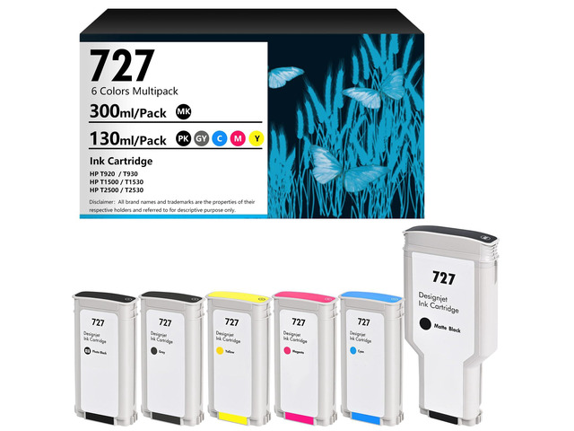 727 Ink Cartridges Compatible HP 727 C1Q12A B3P23A B3P24A B3P19A B3P20A B3P21A Replacment for HP DesignJet T930 T920 T1500 T2500 T1530 T2530 (6...