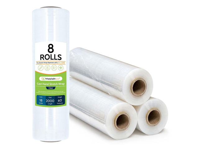 PSBM Cast Hand Plastic Stretch Wrap/Shrink Film 18' x 2000 Ft 60 GA 8 Rolls Heavy Duty up to 800% Ultimate Stretch Clear Plastic Wrap Industrial...