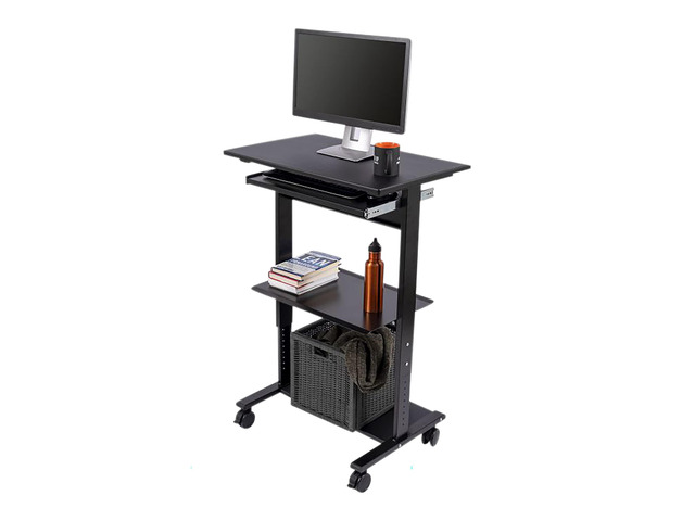 Stand Up Desk Store Mobile Rolling Adjustable Height Standing Workstation with Printer Shelf and Slideout Keyboard Tray (Black Frame/Black Top, 30'...