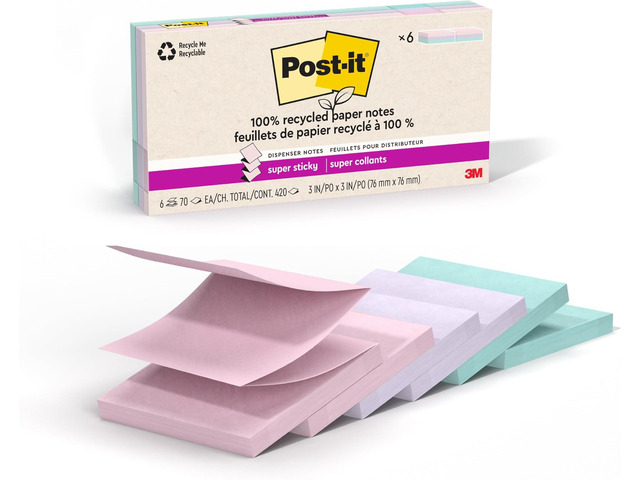 Super Sticky 100% Recycled Pop-up Notes, 3 in. x 3 in., 70 Sheets, 6 Pads, Wanderlust Collection, School Supplies and Office Products (Pack of 12)