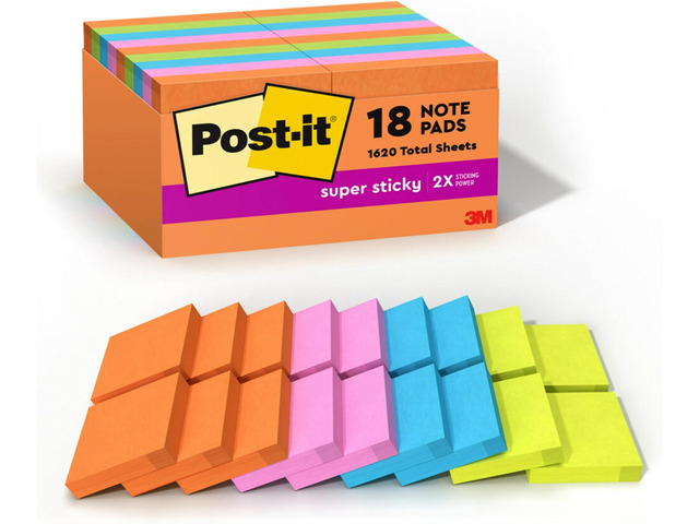 Super Sticky Notes, 18 Sticky Note Pads, 1 7/8 x 1 7/8 in., School Supplies, Office Products,Sticky-Notes for Vertical Surfaces, Monitors,Walls &...