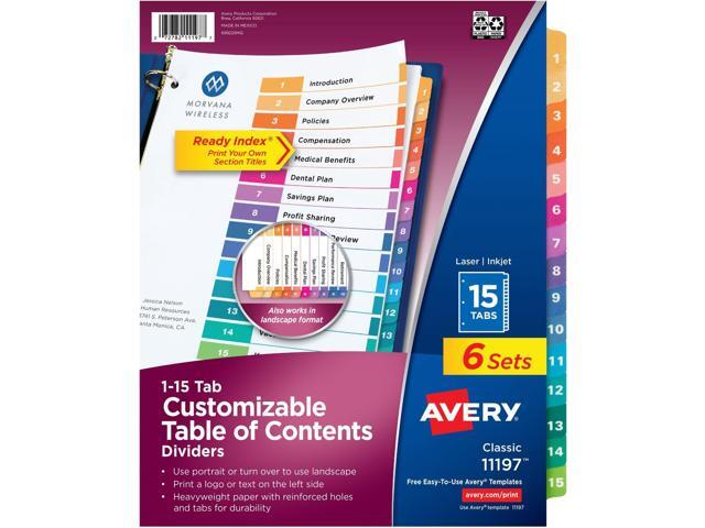 15 Tab Dividers for 3 Ring Binders,Customizable Table of Contents,Multicolor Tabs,6 Sets (11197),(Pack of 6)