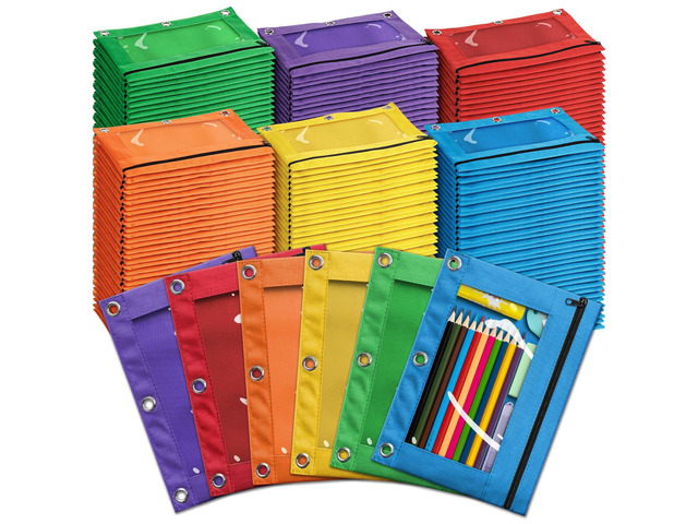 Pencil Pouch for 3 Ring Binder, Bulk 144 Pack 3-Holes Zipper Pencil Pouches in Assorted Colors, Sturdy and Durable Cloth Pencil Holder with Clear...