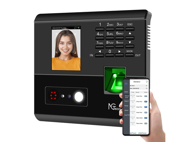 Time Clock for Small Business, 4-in-1 Employee Attendance Machine with Built-in RFID Cards, Face, Fingerprint & PIN, 2.4GHz WiFi, Mobile App...