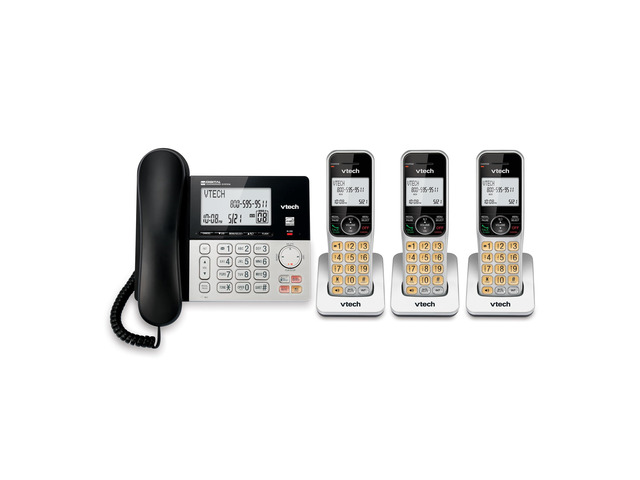 VG208-3 DECT 6.0 3-Handset Corded/Cordless Phone System Answering Machine, Call Blocking, Caller ID, Large Backlit Display, Silver/Black