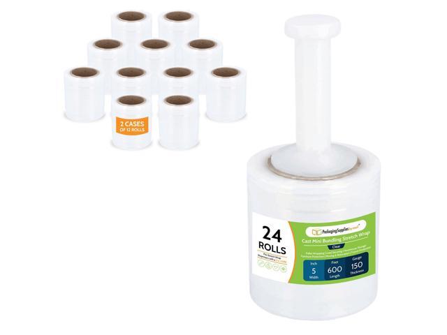 PSBM Mini Stretch Wrap with Plastic Handle, 24 Rolls 5 Inch x 600 Feet 150 Gauge Heavy Duty Clear Plastic Wrap Industrial Strength Shrink Film for...