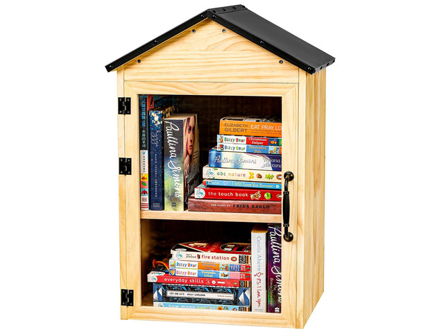 Little Library Box Outdoor, 2-Tier Waterproof Book Exchange Cabinet Solid Wood with Adjustable Shelves, Rust-Resistant Hardware for Community,...
