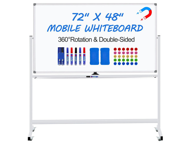 Magnetic White Board Dry Erase Whiteboard with Rolling Stand 72'x48' Double-Sided Mobile Large White Board on Wheels, Including 3 Magnetic Erasers,...