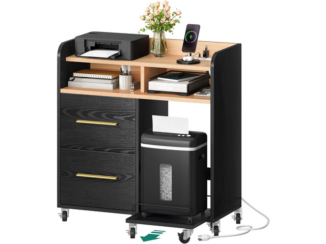 File Cabinet with Charging Station Printer Table Cabinet for Home Office,Printer Stand Cart,Fits A4,Letter,Legal Size Files,Office Furniture,Black
