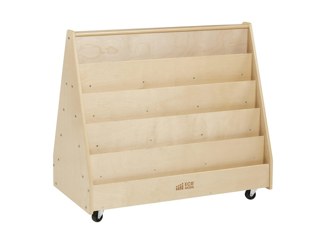Double-Sided Mobile Wooden Book Display, Classroom Organization, Natural Independent book browsing, 10 deep shelves, durable birch, GREENGUARD...
