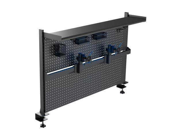 Desk Pegboard Dual Monitor Stand 59x34 Black Large steel pegboard with dual monitor stands, LED lighting, privacy panel and modular accessories...
