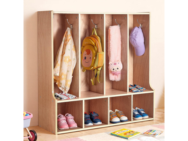 4-Section Coat Locker with Bench, Kids Lockers with 8 Hooks & Non-Slip Mat, Classroom Cubbies for Daycare, Home, Kindergarten- Natural