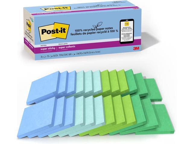 100% Recycled Paper Super Sticky Notes, 3 in. x 3 in., 24 Pads, 70 Sheets per Pad, Oasis Collection, School Supplies and Office Products (Pack of 8)
