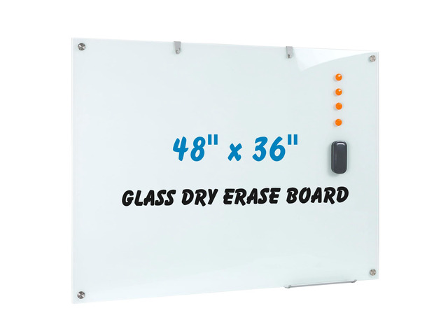 Glass Dry Erase Board, 48 x 36 Inches Magnetic Glass Whiteboard Frameless Glass Board, Wall Mount, 4' x 3', Frameless, For Office, Home, School