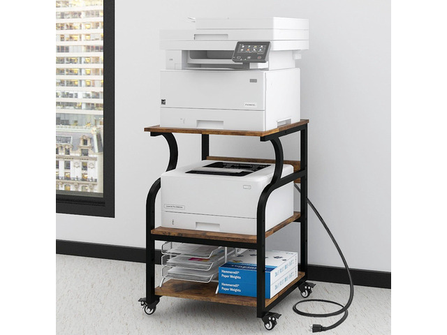 3 Tier Large Printer Stand, 24'x20', with Charging Station,Retro Printer Table with Adjustable Shelf & Industrial Wheels for Home Office,1''x1''...