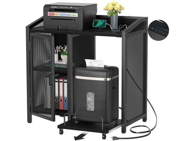 File Cabinet with Paper Shredder Stand, Black On Wheel, Vertical Filing, Socket USB Charging Port, Large Printer, Adjustable Storage Shelf Rack,...