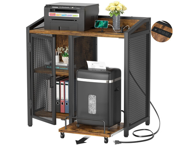 3-Tier Lateral Office Filing Cabinets with Socket and USB Charging Port, Modern Printer Stand and Paper Shredder Stand Rack with Wheels and Open...