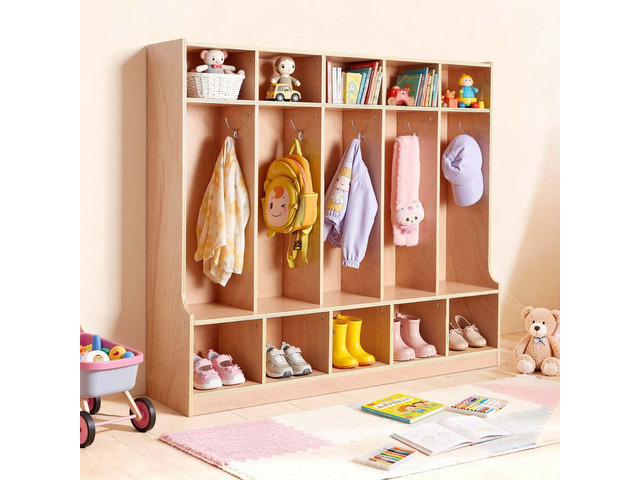 5-Section Coat Locker with Bench, Kids Lockers with 10 Hooks & Non-Slip Mat, Classroom Cubbies for Daycare, Home, Kindergarten- Natural