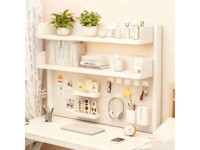 Clamp On Desk Shelf Organizer with Pegboard Desk Hutch Dorm with Storage Bookshelf Desk Top Organizer Shelf Multi-Purpose White & Black Desktop.