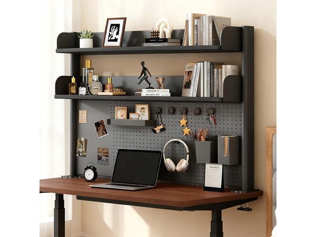 Clamp On Desk Shelf Organizer with Pegboard Desk Hutch Dorm with Storage Bookshelf Desk Top Organizer Shelf Multi-Purpose White & Black Desktop.
