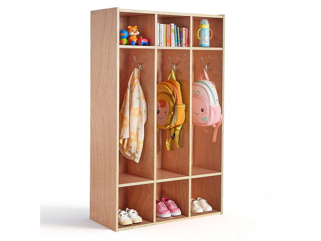 3-Section Coat Locker, Kids Lockers with 6 Hooks & Non-Slip Mat, Classroom Cubbies for Daycare, Home, Kindergarten- Natural