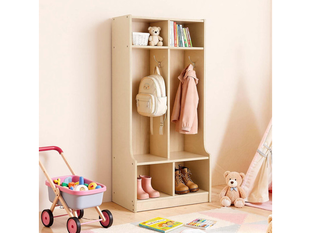 2-Section Coat Locker with Bench, Kids Lockers with 4 Hooks & Non-Slip Mat, Classroom Cubbies for Daycare, Home, Kindergarten- Natural