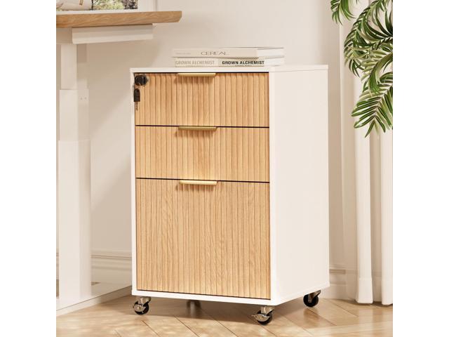 3 Drawers Fluted Mobile File Cabinet with Lock, Rolling File Cabinet Printer Stand Table, Under Desk Wooden Filing Cabinets for Home Office.