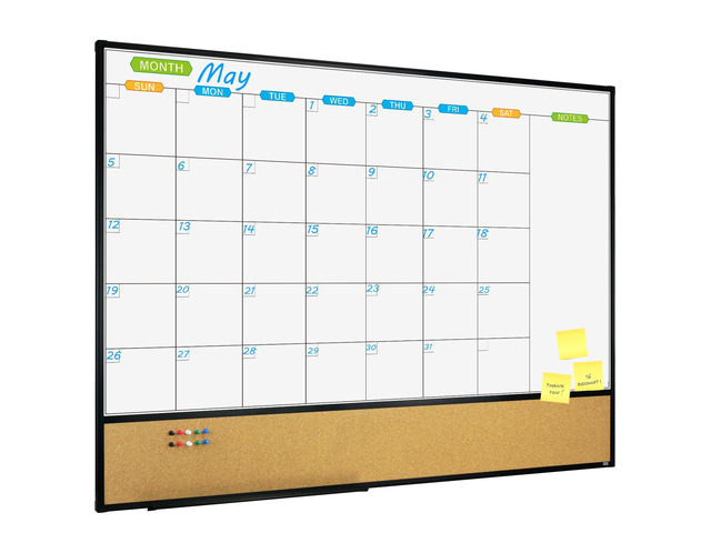 Magnetic Calendar Whiteboard & Bulletin Corkboard Combination, Combo Board 48 x 36 Inch, Black Aluminum Frame Wall Mounted Board for Office Home...