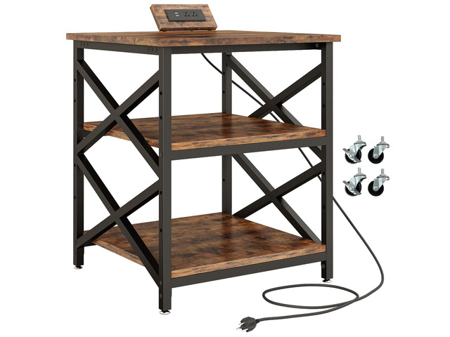 Large Printer Stand with Power Outlet, with Height Adjustable Storage Shelf, 3 Tier Rolling Printer Cart with Industrial Wheels, 23.6 x 23.6 Inches...