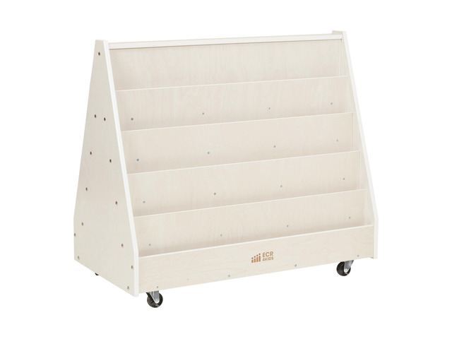 Double-Sided Mobile Wooden Book Display, Classroom Organization, White Wash Independent book browsing, 10 deep shelves, durable birch, GREENGUARD...