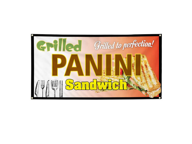 Vinyl Banner Multiple Sizes Panini Sandwich Grilled to Perfection! Business Outdoor Weatherproof Industrial Yard Signs Brown 10 Grommets 60x144Inches