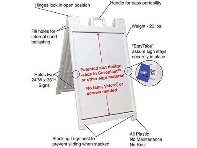 White Plastic Sidewalk Sign with Inserts and Lenses for 24 x 36 Graphics A-Frame Sandwich Board for Outdoor Use, Built-in Handle
