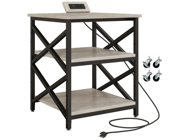 Large Printer Stand with Power Outlet, with Height Adjustable Storage Shelf, 3 Tier Rolling Printer Cart with Industrial Wheels, 23.6 x 23.6 Inches...