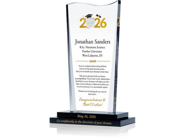 Personalized Class of 2026 Crystal Graduation Plaque Custom Engraved Gift from Parents to Son or Daughter, College or High School Graduate.